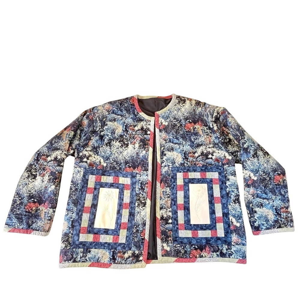 Artisan Quilted Jacket Floral Embroidery Boho Farmhouse Open Front
